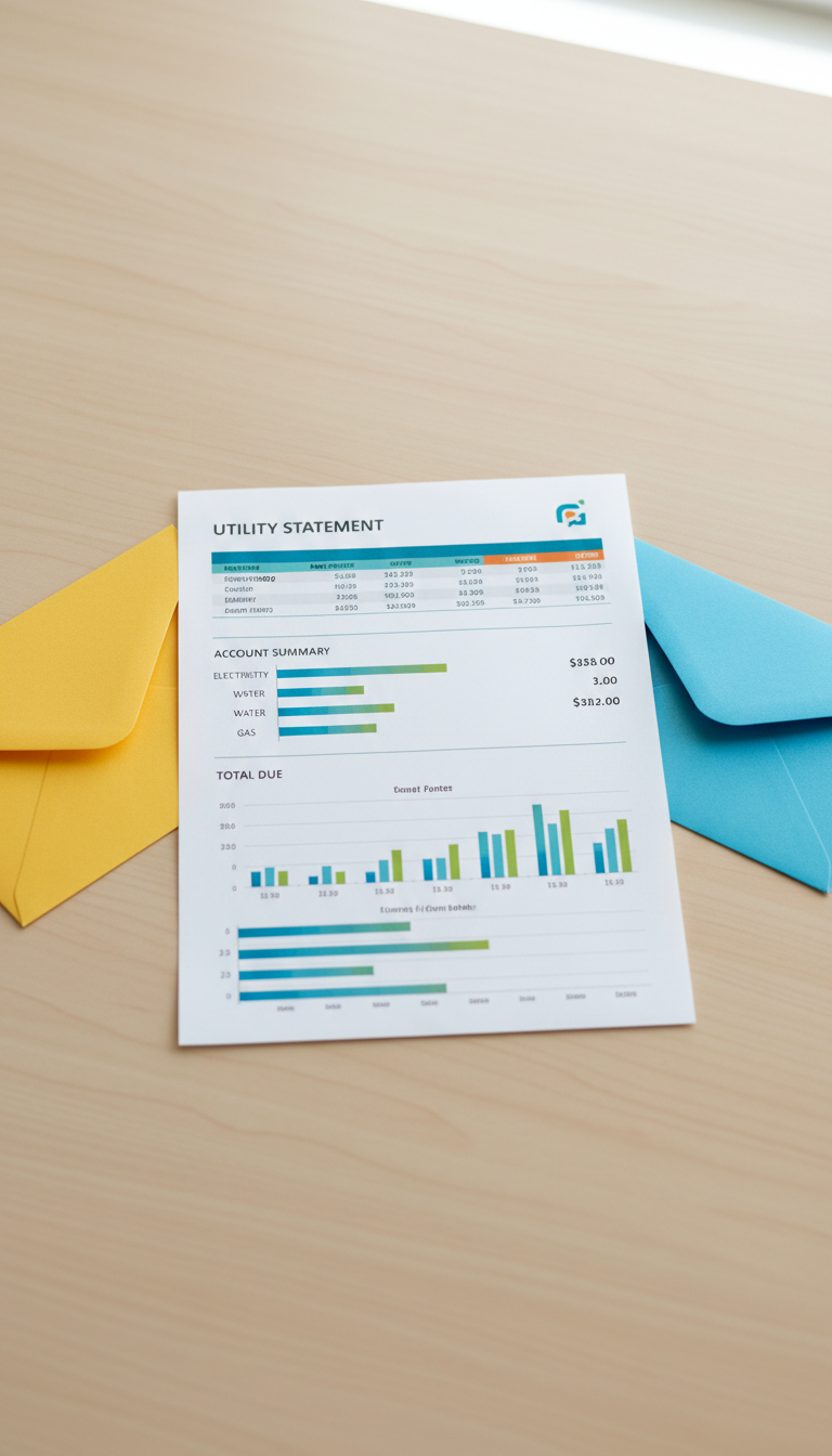 An immaculate, crisp utility bill document featuring neat rows of numbers and colorful bar graphs, placed on a smooth, light wooden desktop alongside two bright envelopes—one yellow and one blue. The scene is illuminated by soft, natural daylight filtering through an unseen window, creating gentle highlights and faint shadows around the paper edges. The atmosphere is fresh, clean, and optimistic, connoting clarity and straightforwardness. Shot from a top-down, bird's-eye perspective with a centered composition and sharp focus throughout, the image emphasizes transparency and order. The visual style is clean and modern, in line with professional business aesthetics, perfectly supporting a site focused on comparing utility bills and finding better offers.