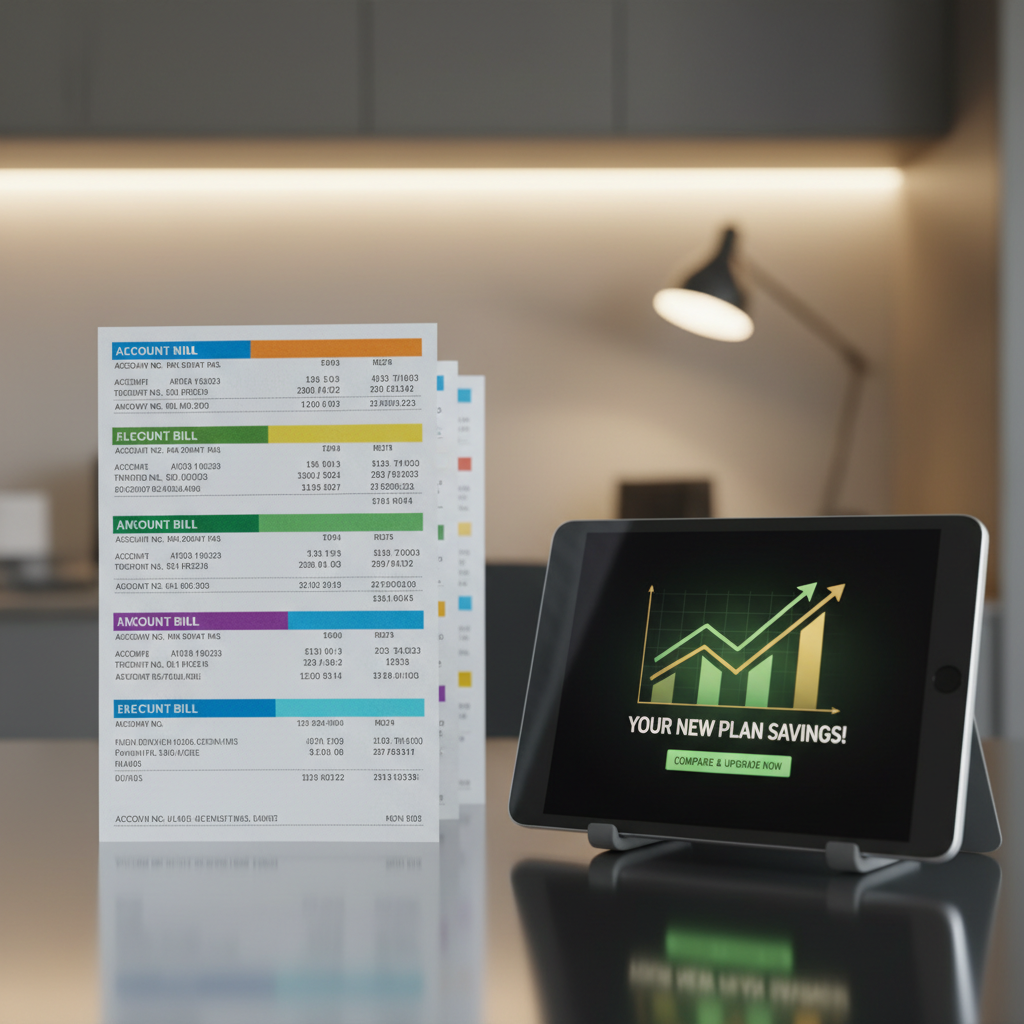 A stack of neatly organized utility bills, each featuring distinct color codes and crisp printed data, set atop a glass table with a faint, reflective surface. In the background, a sleek digital tablet displays an animated graph trending upwards, suggesting comparisons or offers. Warm, indirect artificial lighting provides even illumination without harsh shadows, lending the image a sense of professionalism and accessibility. The camera angle is slightly elevated, allowing a clear view of both paper texture and digital interface, composed with the rule of thirds to create visual interest. The mood is encouraging and energetic, echoing efficiency and progress, while retaining a clean, modern, and business-like artistic approach tailored for a service about upgrading bill plans.
