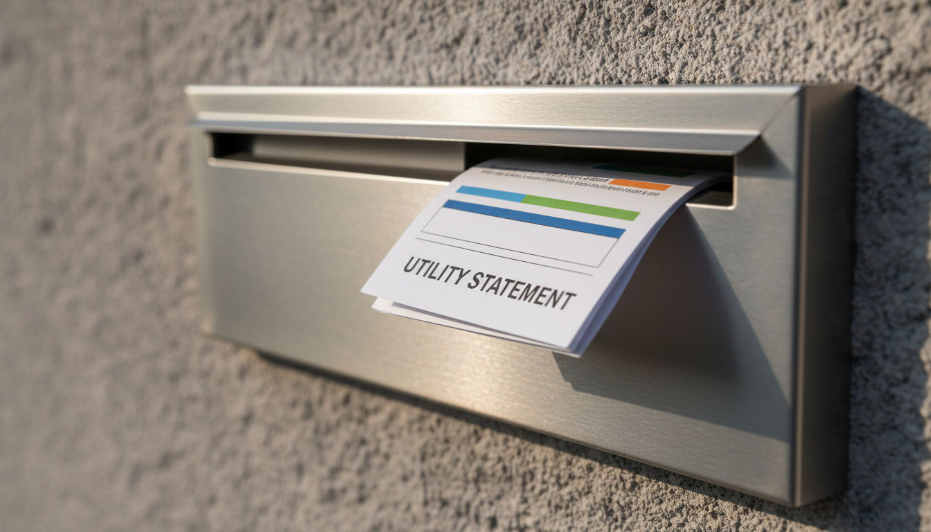 A close-up view of a polished, metallic mailbox with its lid slightly open, revealing a crisp, color-coded utility bill peeking out from inside. The mailbox is set against a modern, textured stone wall, with its brushed-steel surface catching gentle, diffused afternoon light. Soft, natural shadows fall beneath the mailbox and enhance the tactile textures. The camera angle is low and close to the mailbox, with a shallow depth of field that dramatically blurs the background stones for emphasis on the document. The overall mood is optimistic and discreet, with a clean and modern photorealistic style, evoking the anticipation of positive offers and efficient bill handling.